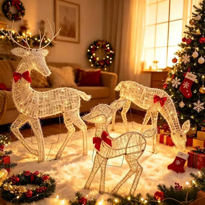 Set di Renne Natalizie Luminose a LED con Fiocco – Famiglia di Renne Decorative per Interno ed Esterno