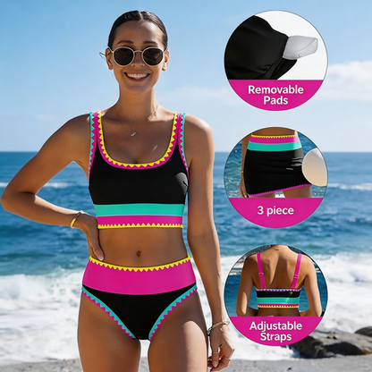 Completo bikini sportivo a 3 pezzi in nylon con effetto patchwork a blocchi di colore: costume a vita alta con effetto modellante.