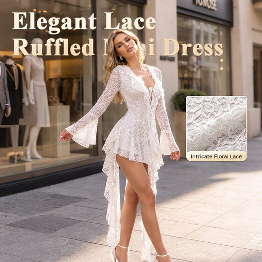 Abito mini da donna sexy in pizzo, maniche lunghe, scollo a V profondo, con lacci sul davanti e volant, abito corto e svolazzante