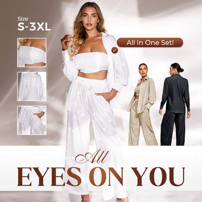 ✨  Blazer a paillette e pantaloni larghi per donne (set in 3 parti)