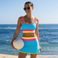 Completo bikini sportivo a 3 pezzi in nylon con effetto patchwork a blocchi di colore: costume a vita alta con effetto modellante.