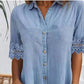 Vestito Mini in Denim Blu Tinta Unita con Colletto e Dettagli in Pizzo