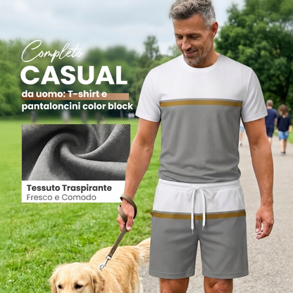 🏖️👕 Completo sportivo estivo da uomo color-block: t-shirt traspirante e pantaloncini con coulisse, due pezzi.