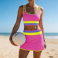 Completo bikini sportivo a 3 pezzi in nylon con effetto patchwork a blocchi di colore: costume a vita alta con effetto modellante.