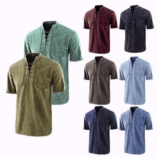 T-shirt da uomo a maniche corte in lino con scollo a V vintage gotico