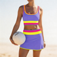 Completo bikini sportivo a 3 pezzi in nylon con effetto patchwork a blocchi di colore: costume a vita alta con effetto modellante.