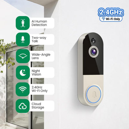 Telecamera video wireless con riconoscimento facciale AI, Wi‑Fi a 2,4 GHz, audio bidirezionale, batteria ricaricabile, visione notturna, notifiche in tempo reale, rilevamento del movimento, impermeabile secondo lo standard IP65