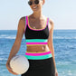 Completo bikini sportivo a 3 pezzi in nylon con effetto patchwork a blocchi di colore: costume a vita alta con effetto modellante.