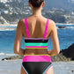 Completo bikini sportivo a 3 pezzi in nylon con effetto patchwork a blocchi di colore: costume a vita alta con effetto modellante.