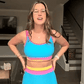 Completo bikini sportivo a 3 pezzi in nylon con effetto patchwork a blocchi di colore: costume a vita alta con effetto modellante.