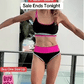 Completo bikini sportivo a 3 pezzi in nylon con effetto patchwork a blocchi di colore: costume a vita alta con effetto modellante.