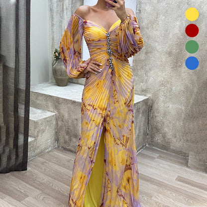 💃 Donna colori misti senza spalline plissato vestito frontale diviso