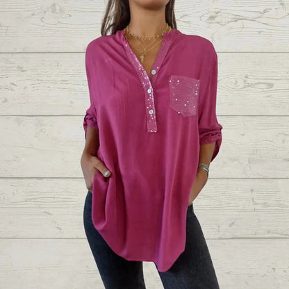 Women's Sequin Patchwork V-neck Shirt