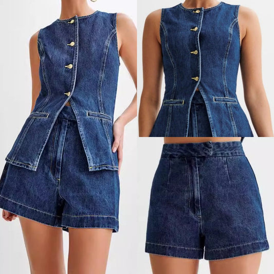 💕Women's Casual Denim Two-Piece Sleeveless Top