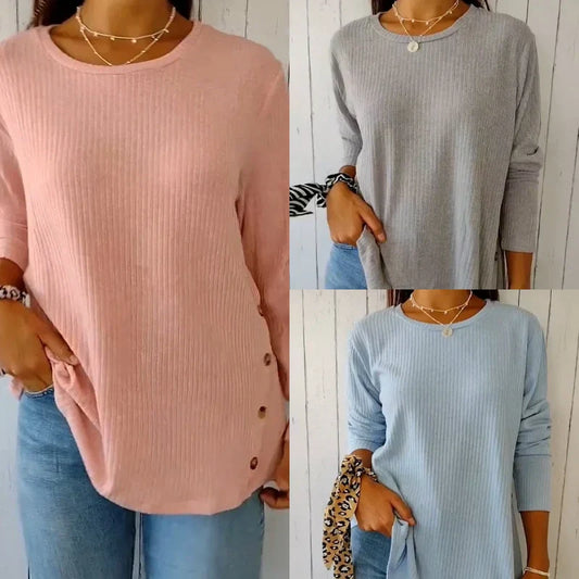 Women’s Casual Long Sleeve Solid Color Button T-Shirt