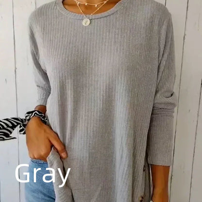 Women’s Casual Long Sleeve Solid Color Button T-Shirt