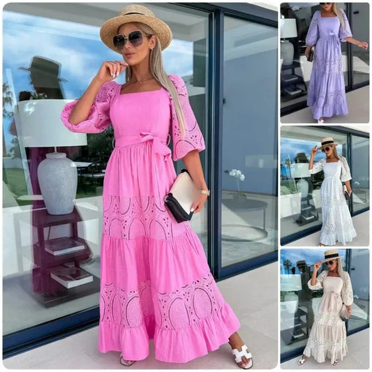 Women’s Trendy Patchwork Tie Waist Square Neck Long Dress