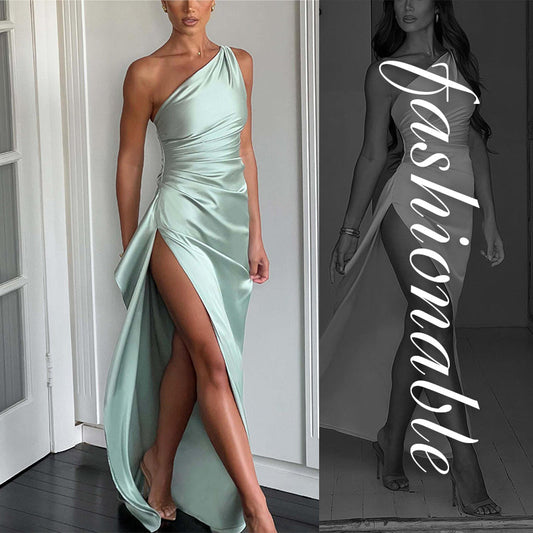 👗🌸 2025 Nuovo design senso temperamento sexy spalla slash split abito in raso, perfetta combinazione di eleganza e sensualità!