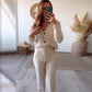 Solid Color V-Neck Slim Knit Pant Suit