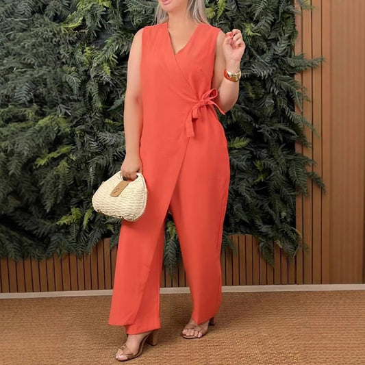 💃Tuta casual da donna con scollo a V e nodo in tinta unita