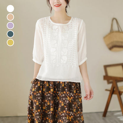 👚 50% DI SCONTO! 🌿 Camicia da Donna Leggera con Ricamo in Cotone e Lino Traspirante – Fresca e Ariosa – Perfetta per Estate e Vacanze – Manica Corta & Girocollo ✨