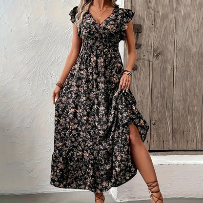 🌸Taglia：S-2XL👗 Abito estivo 2025 con stampa floreale, vita stretta e gonna ampia