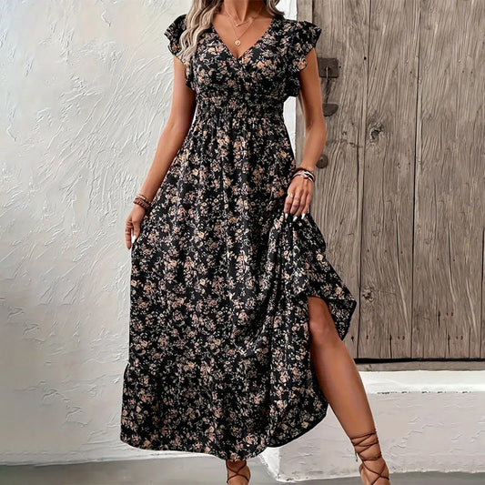 🌸Taglia：S-2XL👗 Abito estivo 2025 con stampa floreale, vita stretta e gonna ampia