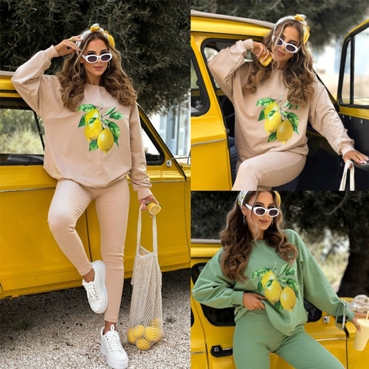 🍋 Maglione con cappuccio e pantaloni a 2 pezzi con stampa elegante