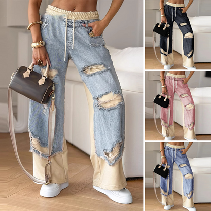 🍁 Offerta speciale inizio autunno ✨ Pantaloni a gambe larghe a cordone elastico in denim patchwork