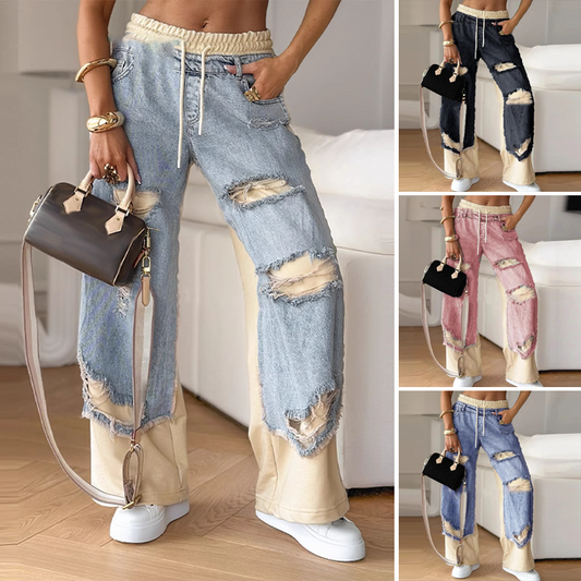 🍁 Offerta speciale inizio autunno ✨ Pantaloni a gambe larghe a cordone elastico in denim patchwork