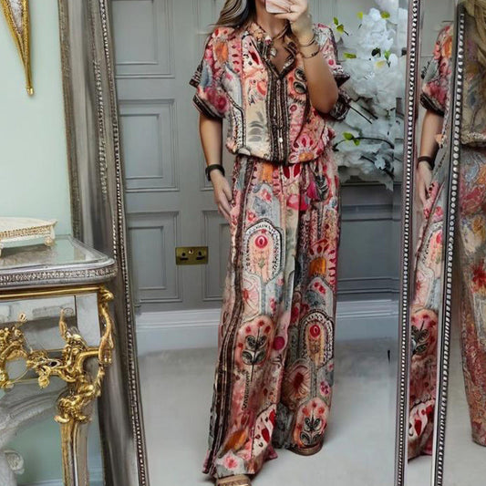Completo Donna 2 Pezzi: Top Stampato & Pantaloni a Gamba Larga