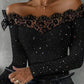 Top da donna con spalle scoperte, maniche lunghe e dettagli glitterati