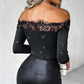 Top da donna con spalle scoperte, maniche lunghe e dettagli glitterati