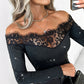 Top da donna con spalle scoperte, maniche lunghe e dettagli glitterati