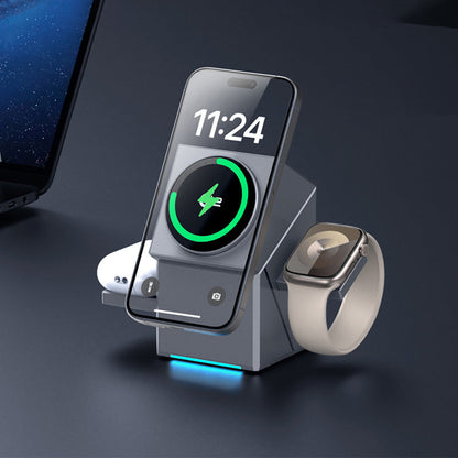 Caricabatterie wireless 3 in 1, stazione di ricarica wireless pieghevole elettrica rotante a 180°, caricabatterie wireless portatile per iPhone, Watch e AirPods