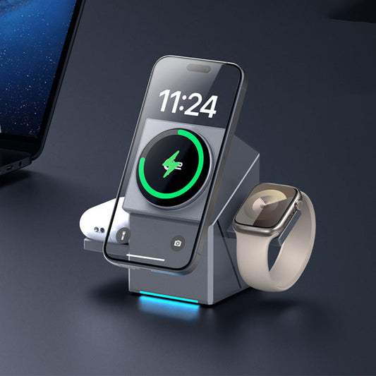 Caricabatterie wireless 3 in 1, stazione di ricarica wireless pieghevole elettrica rotante a 180°, caricabatterie wireless portatile per iPhone, Watch e AirPods