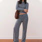 Completo da donna composto da top e pantaloni a righe in maglia, due pezzi.
