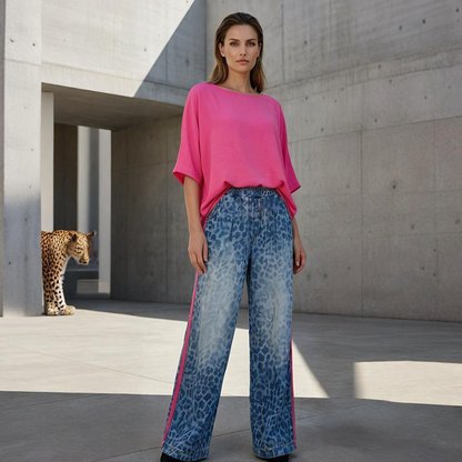 💖 Completo da donna in 2 pezzi: top rosa brillante e pantaloni con stampa leopardata, ampio, comodo e traspirante, per il tempo libero e le gite, dalla S alla 5XL
