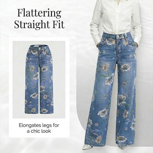Jeans da donna a gamba dritta con stampa floreale