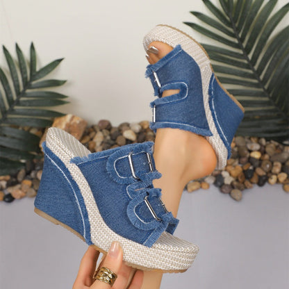 Sandali da donna casual con plateau in denim – Tacco comodo da 10 cm, suola antiscivolo e fibbia regolabile 👟💙