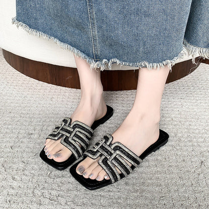 ⏳Sconto del 50% per un periodo limitato⏰Ciabatte basse da donna con punta quadrata e strass geometrici💎👡