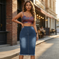 Gonna in denim da donna a vita alta con orlo sfrangiato