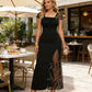 Abito lungo da donna con spacco e inserti di paillettes.