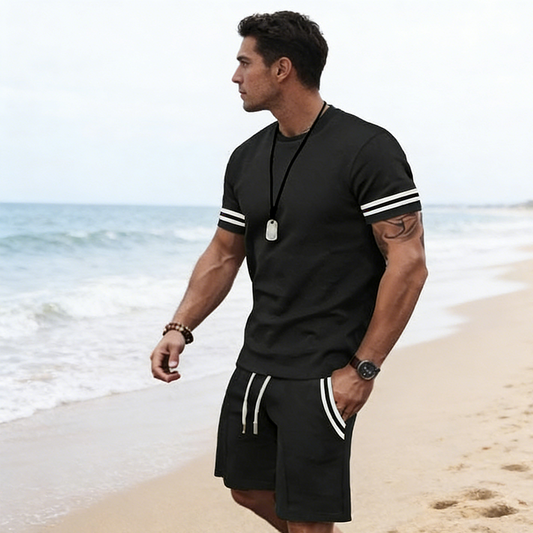 ✨ Sconto del 56%🔥 Set da uomo a 2 pezzi: maglietta a righe e pantaloncini
