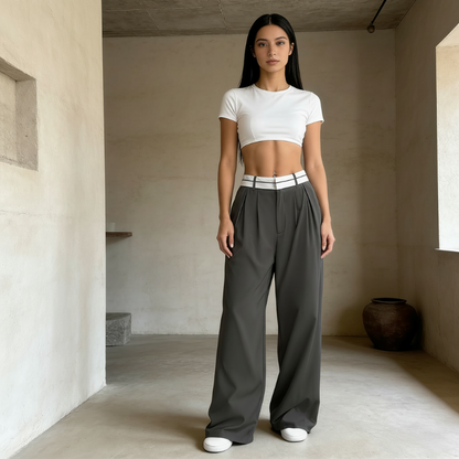 🥳SALDI 2026🥳💞OLTRE 50.000 VENDUTI!🌿 Pantaloni da tailleur da donna a gamba larga con cintura a contrasto