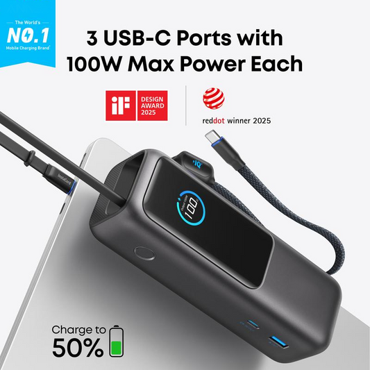 Power Bank, 20000mAh Caricatore Portatile con Tre Porte USB-C da 100W per Ricarica Multi-Dispositivo, Cavi Integrati e Retrattili