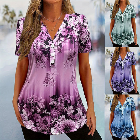 Top da donna elegante a maniche corte con stampa floreale