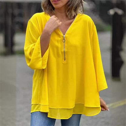 👚 50% DI SCONTO! ✨ Top Morbido a Doppio Strato con Zip a Scollo V & Maniche 3/4 – Elegante, Comodo & Perfetto per Ogni Giorno 🌸