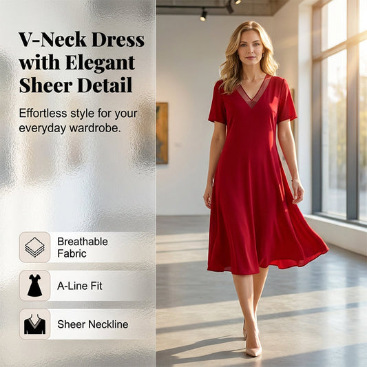 Abito elegante da donna con scollo a V e inserti in rete