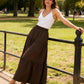 Gonna lunga da donna casual a balze, linea ad A, con coulisse in vita